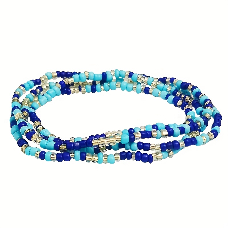 4pc Summer Beach Style Blue Rice Bead Anklet Set